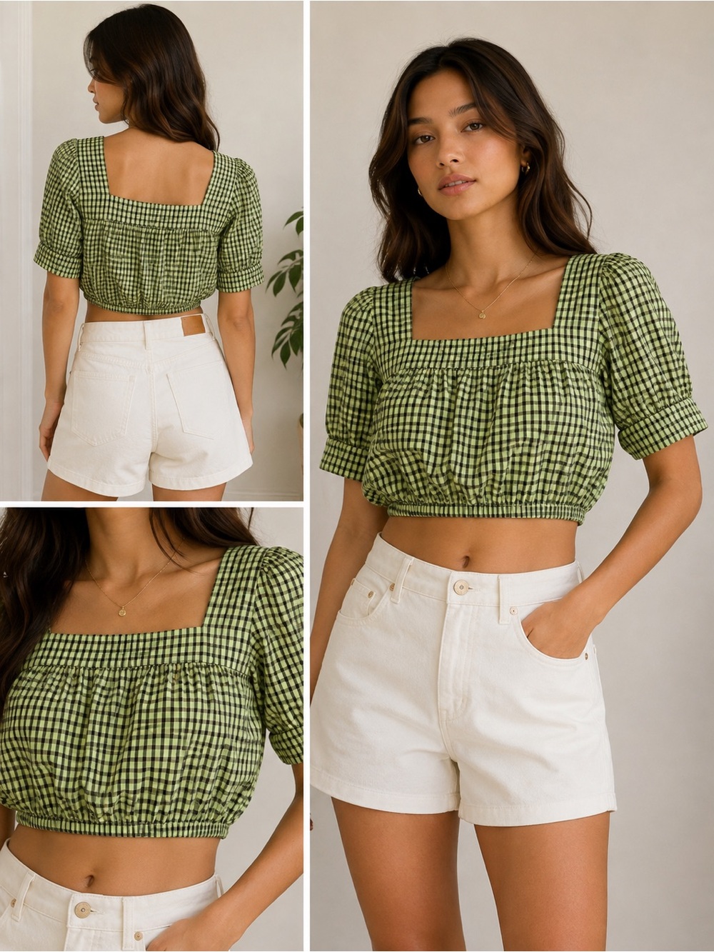 Aritzia Green Gingham Square-Neck Crop Top